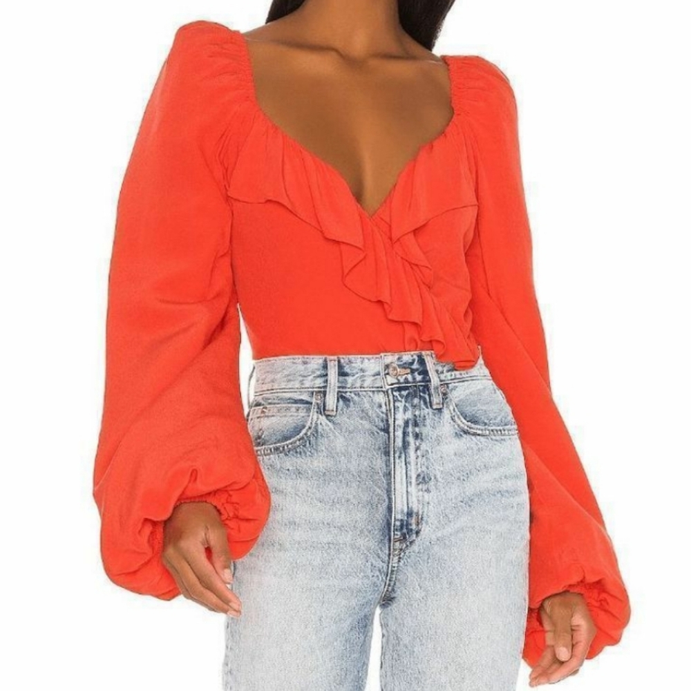 Lovers + Friends Astrid Bodysuit Top in Red Orange, Size Large